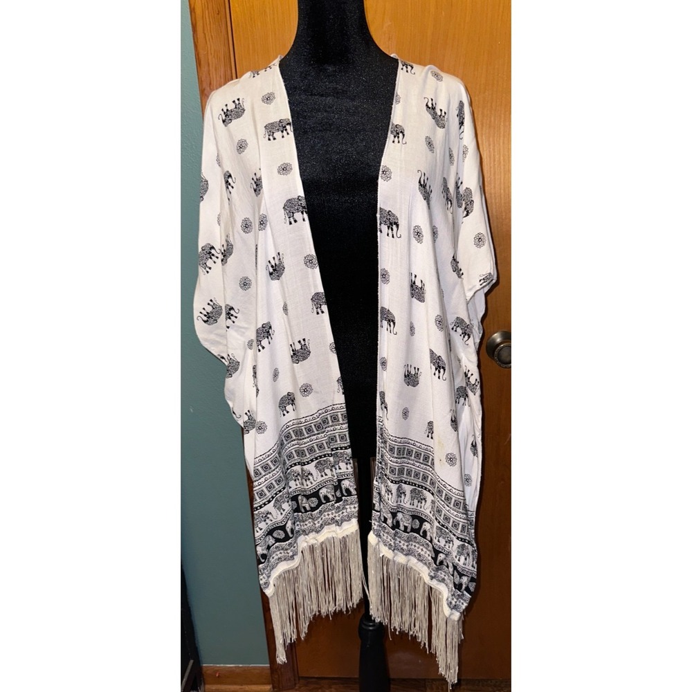 Janice White Fringe Black Elephant‎ Print Boho Kimono Cardigan Duster One Size